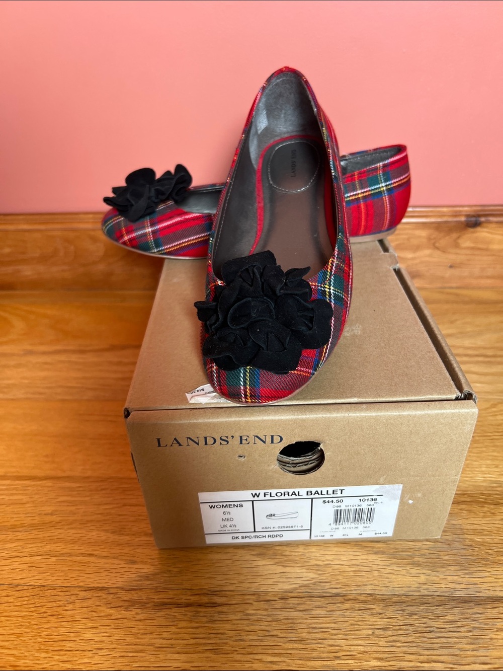 Lands' End Red Plaid Ballet Flats with Black Floral Accent